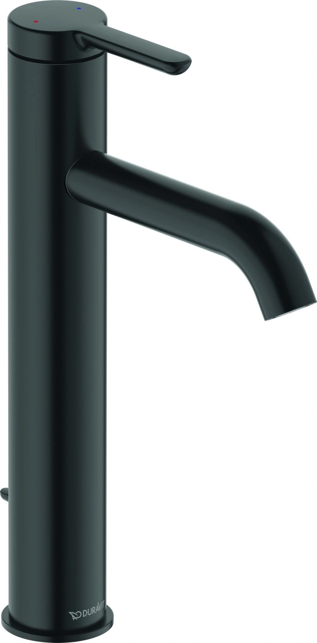 Schwarze Armatur mit roter und blauer Markierung, Duravit-Logo.
