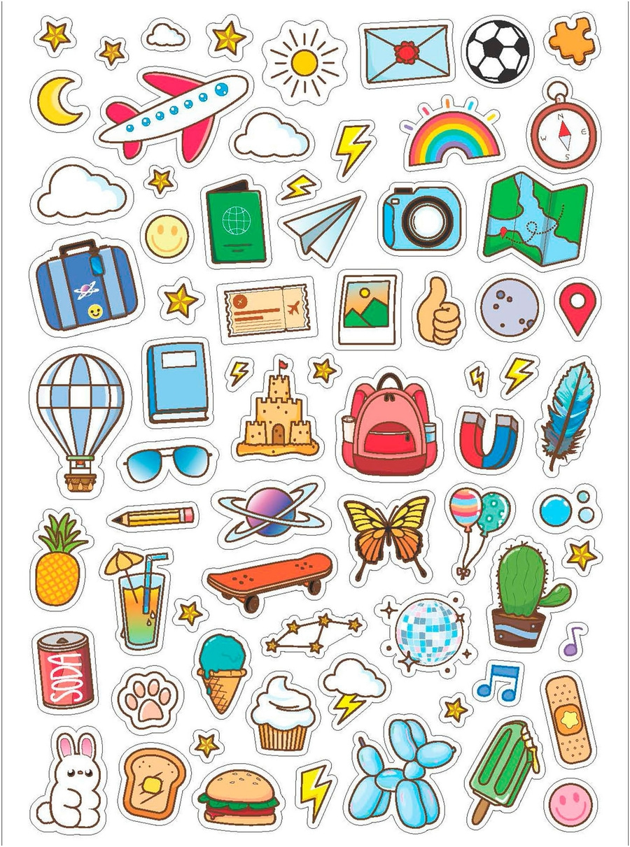 Sticker für Kinder: Reise, Sommer, Essen und Spaß. Flugzeug, Ball, Eis, Burger.