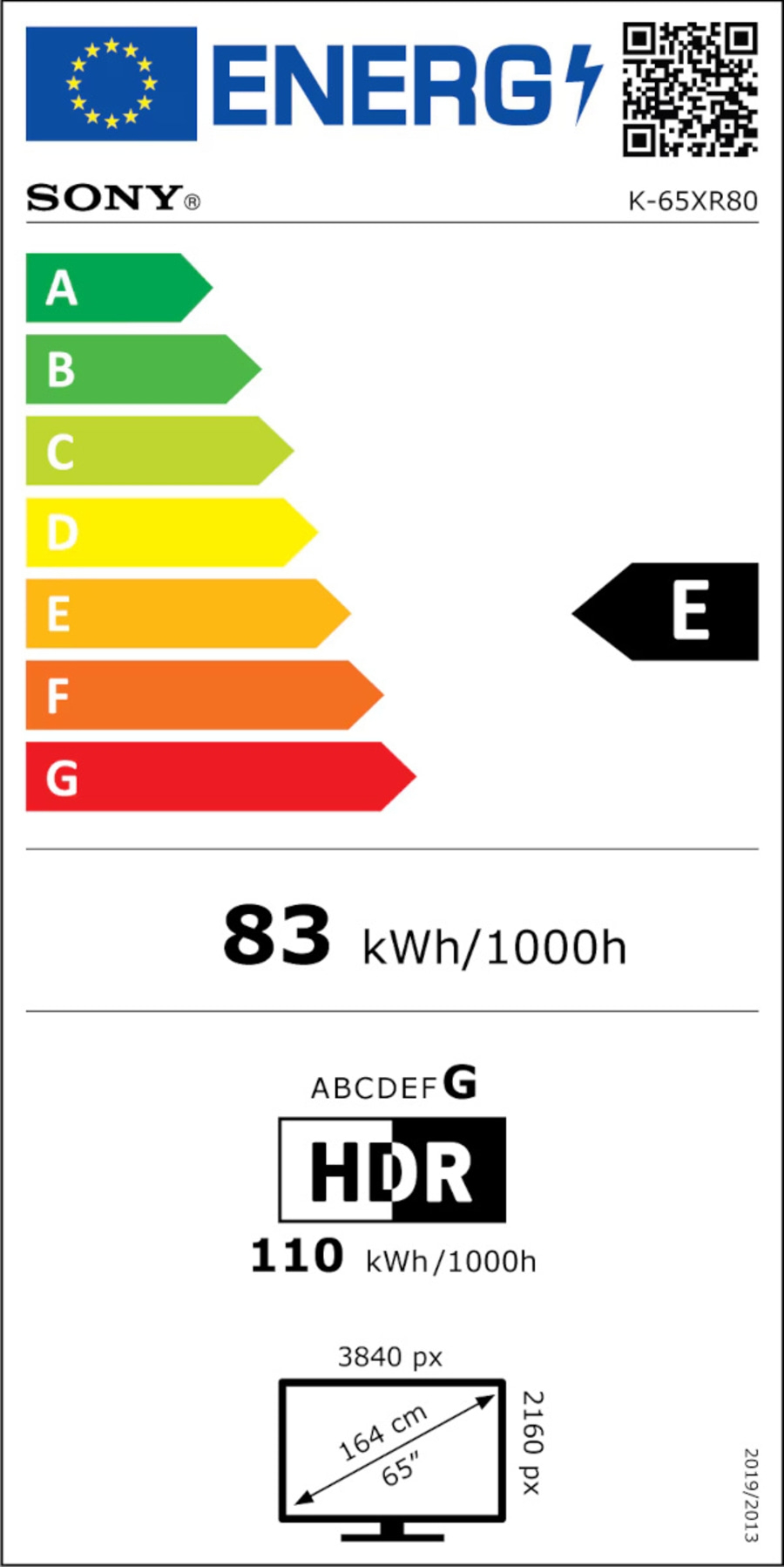 Energieeffizienzlabel für Fernseher von Sony, Modell K-65XR80, Energieklasse E, 83 kWh/1000h