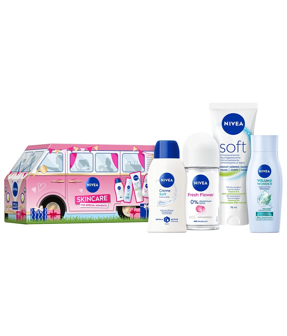 Ein Nivea Van Geschenkset mit verschiedenen Hautpflegeprodukten und Shampoos.