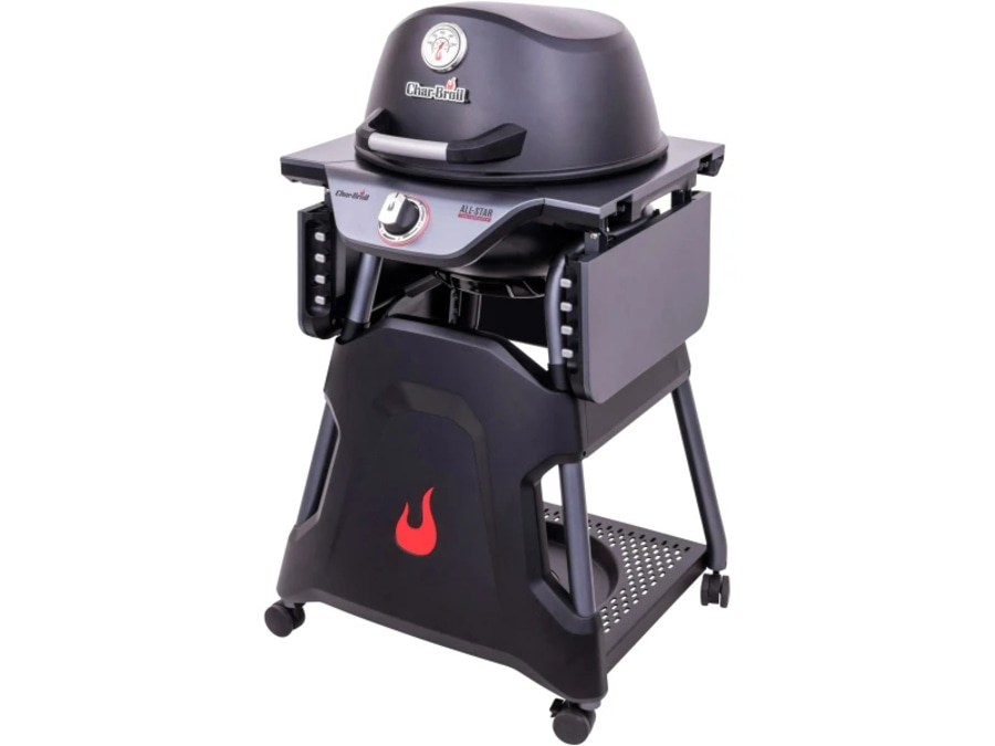 Schwarzer Grill mit rotem Flammenlogo und Rädern, All-Star-Serie