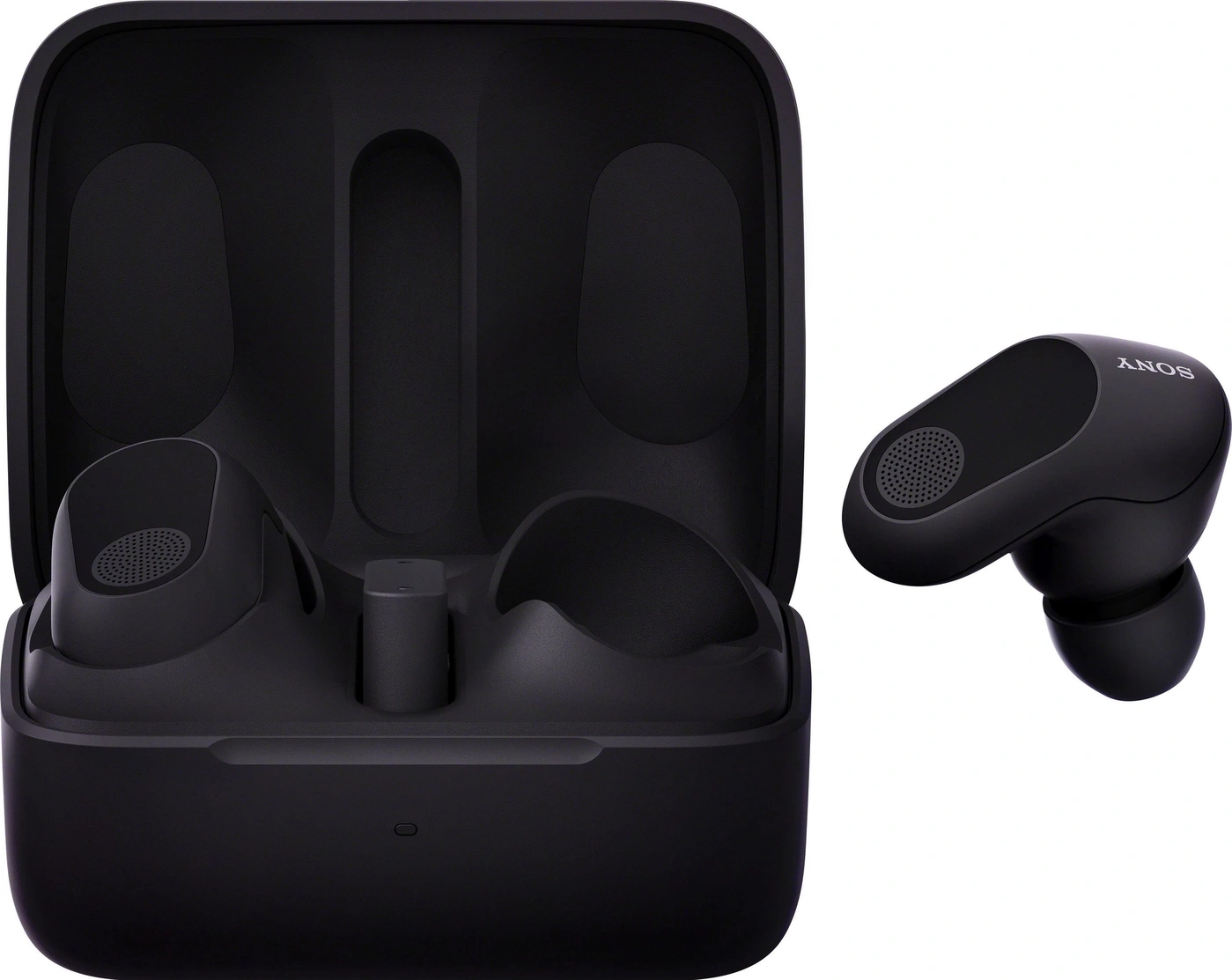 Schwarze Kopfhörer mit Ladecase. Sony-Logo. Drahtlose Ohrhörer und Ladebox.
