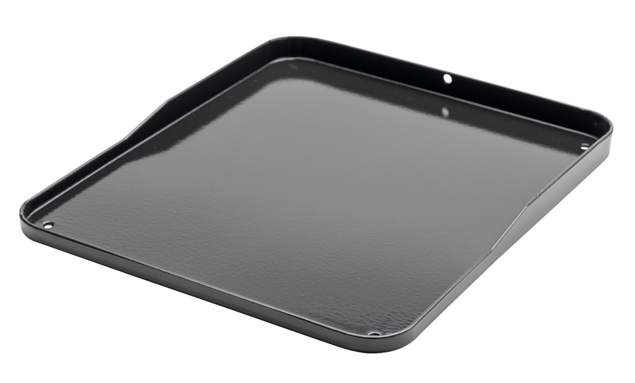Schwarze Metallplatte mit abgerundeten Ecken und Löchern, glänzend
