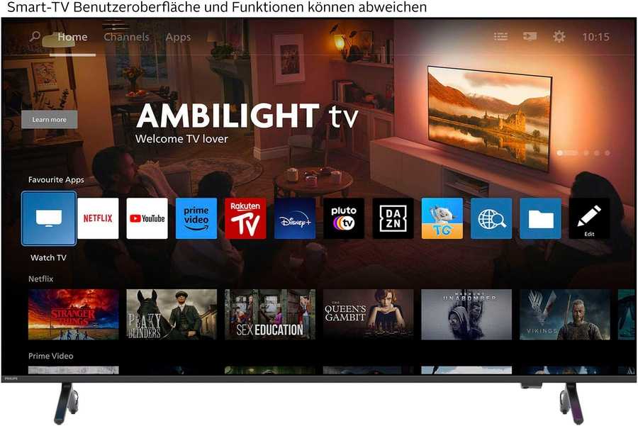 Smart-TV-Oberfläche mit Apps wie Netflix, YouTube und Prime Video. Ambilight-TV-Menü.
