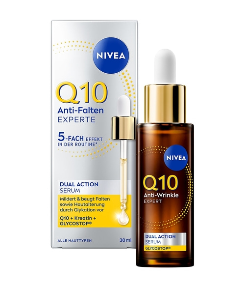NIVEA Q10 Anti-Falten EXPERTE Dual Action Serum Flasche und Karton