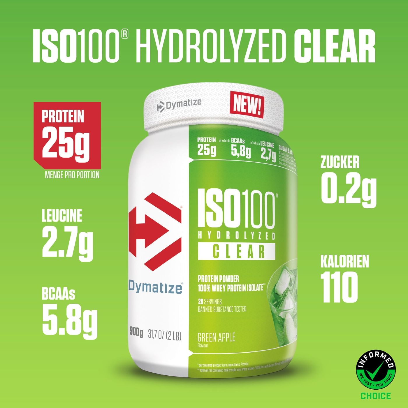 DYMATIZE Whey Protein Pulver Shake Clear Ice Tea Lemon & Green Apple je 900 g