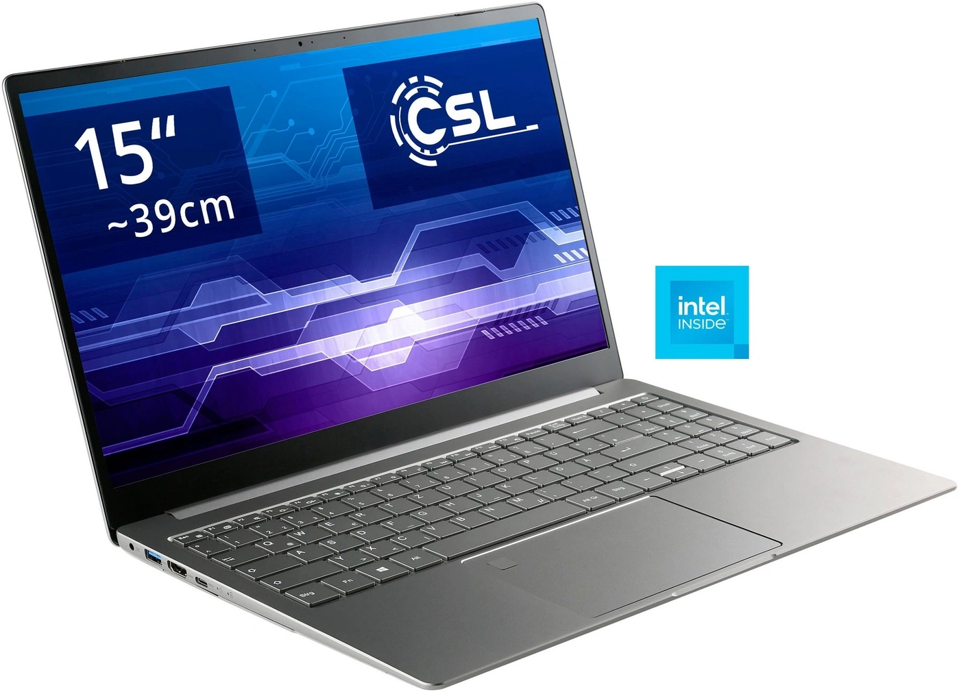 Ein silberner Laptop mit 15-Zoll-Bildschirm, CSL- und Intel Inside-Logos.