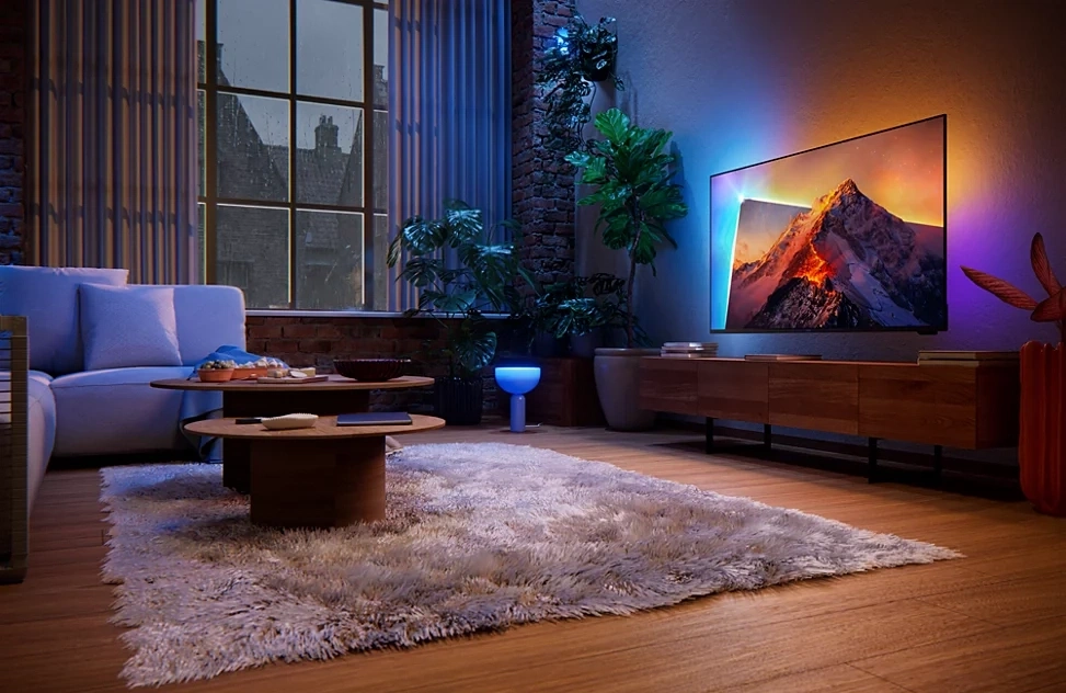 Gemütliches Wohnzimmer mit Sofa, Couchtisch, Teppich und Fernseher