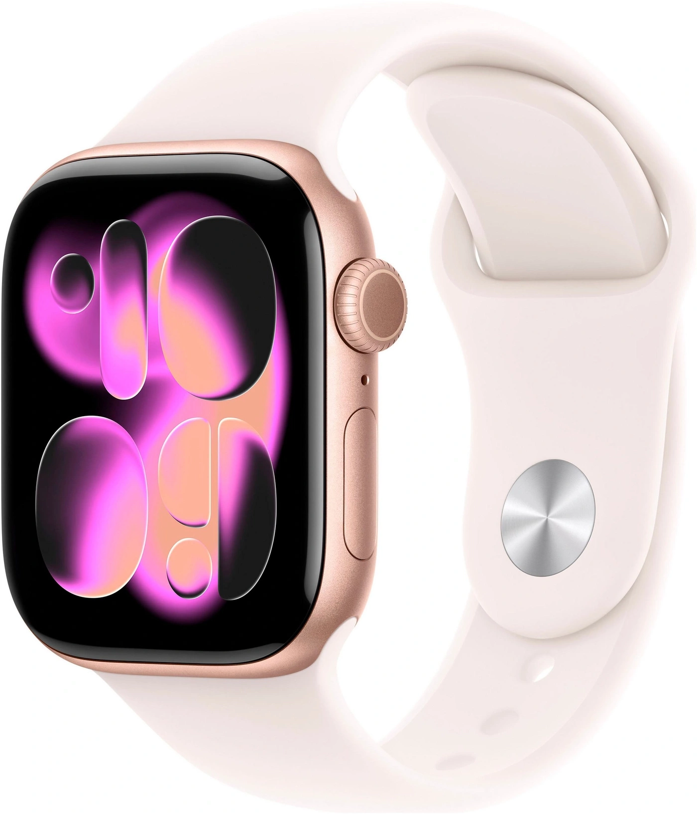 Eine Nahaufnahme einer roségoldenen Apple Watch mit einem weißen Band und einem farbigen Zifferblatt.