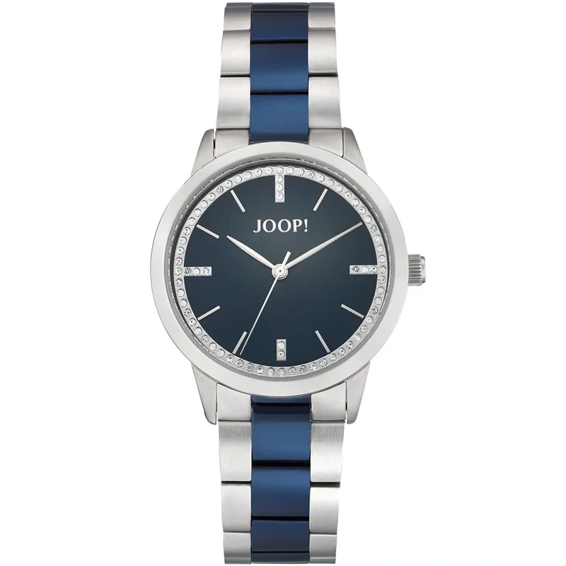 JOOP! Damenuhr mit silbernem Armband und blauem Akzent. Besetzt mit Kristallen.