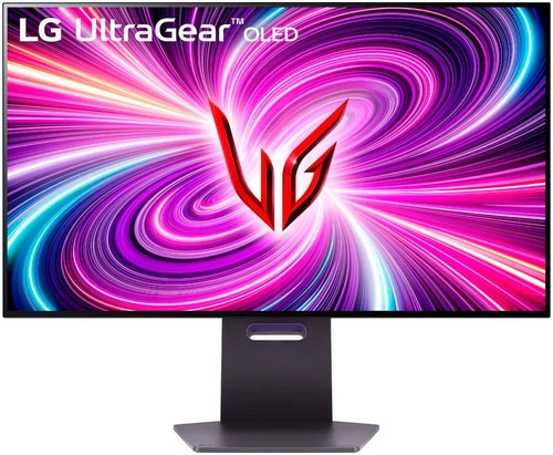 LG UltraGear OLED Monitor mit farbenfrohem Hintergrund und Ständer