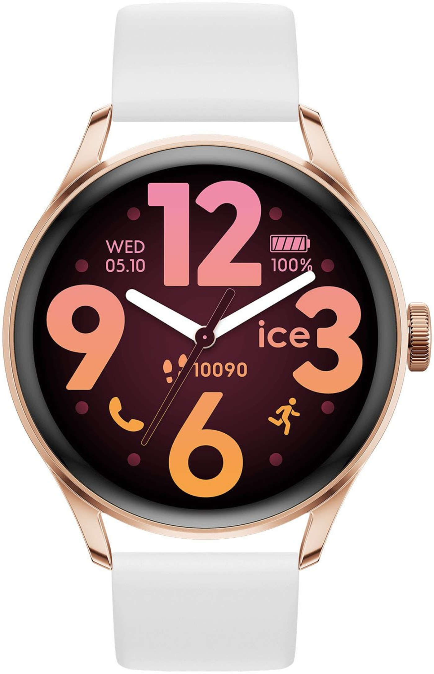 Eine Nahaufnahme einer Smartwatch mit weißem Armband und rosegoldenem Gehäuse.
