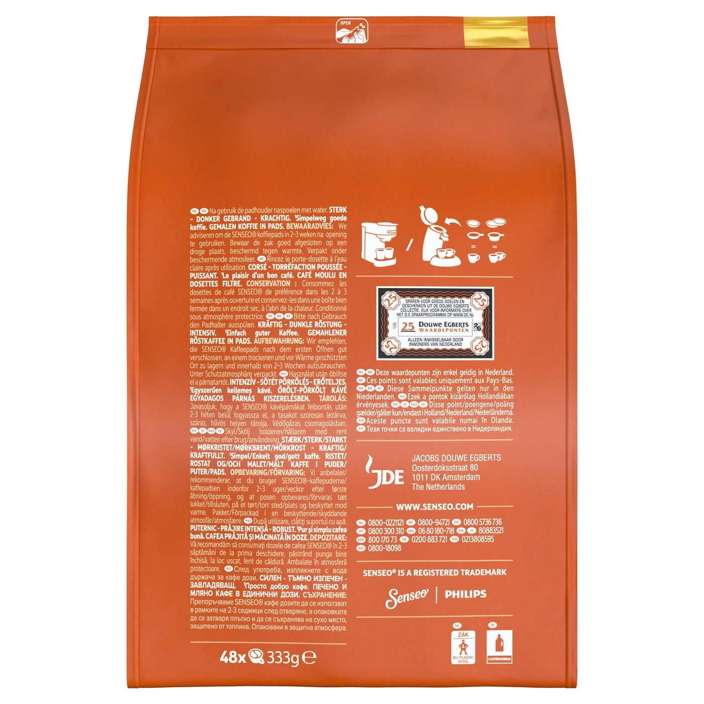 Eine Packung Kaffee, dunkel geröstet, für Padmaschinen mit der Aufschrift 48x 333g