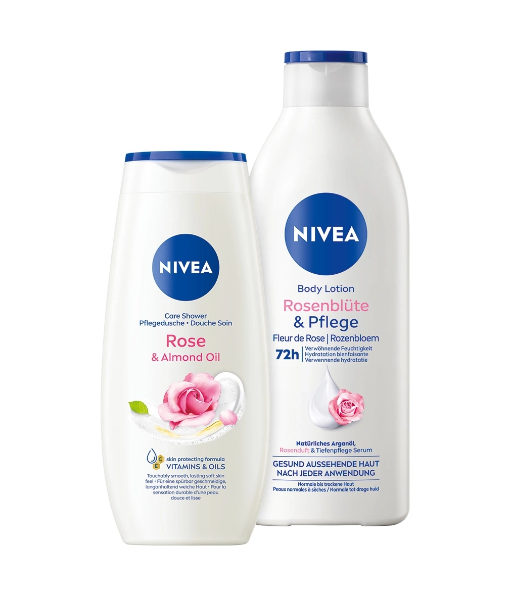 Nivea Duschgel und Body Lotion mit Rosen und Mandelöl.