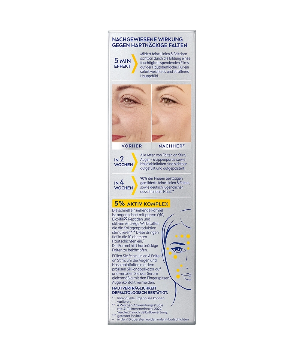 Anti-Falten-Produkt: Wirkung in 5 Minuten, 2 Wochen, 4 Wochen. Hautverträglichkeit dermatologisch bestätigt.