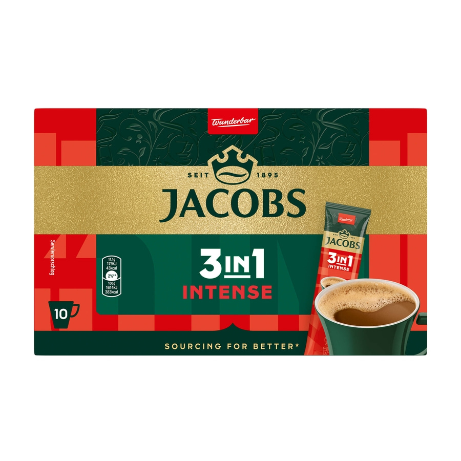 Jacob's 3in1 Intense Kaffeepackung mit Tasse und Nährwertangaben