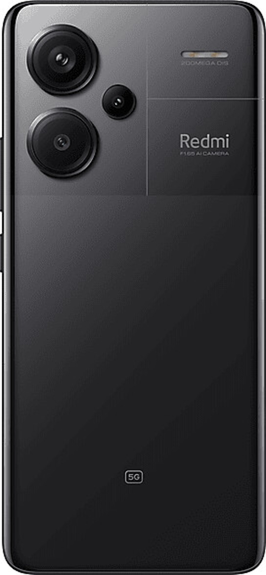 Schwarzes Smartphone mit Kamera und 5G-Logo, Marke Redmi.