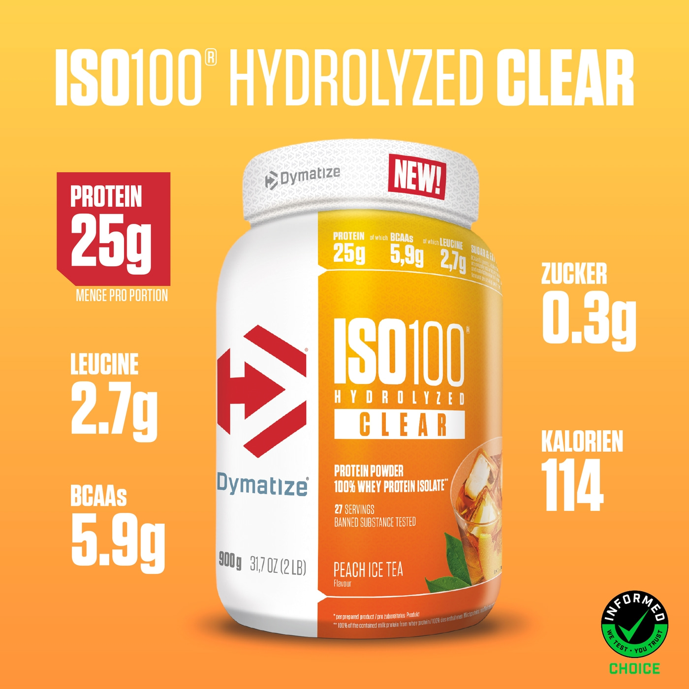 DYMATIZE Whey Protein Pulver Shake ISO 100 Clear Ice Tea Lemon & Peach je 900 g