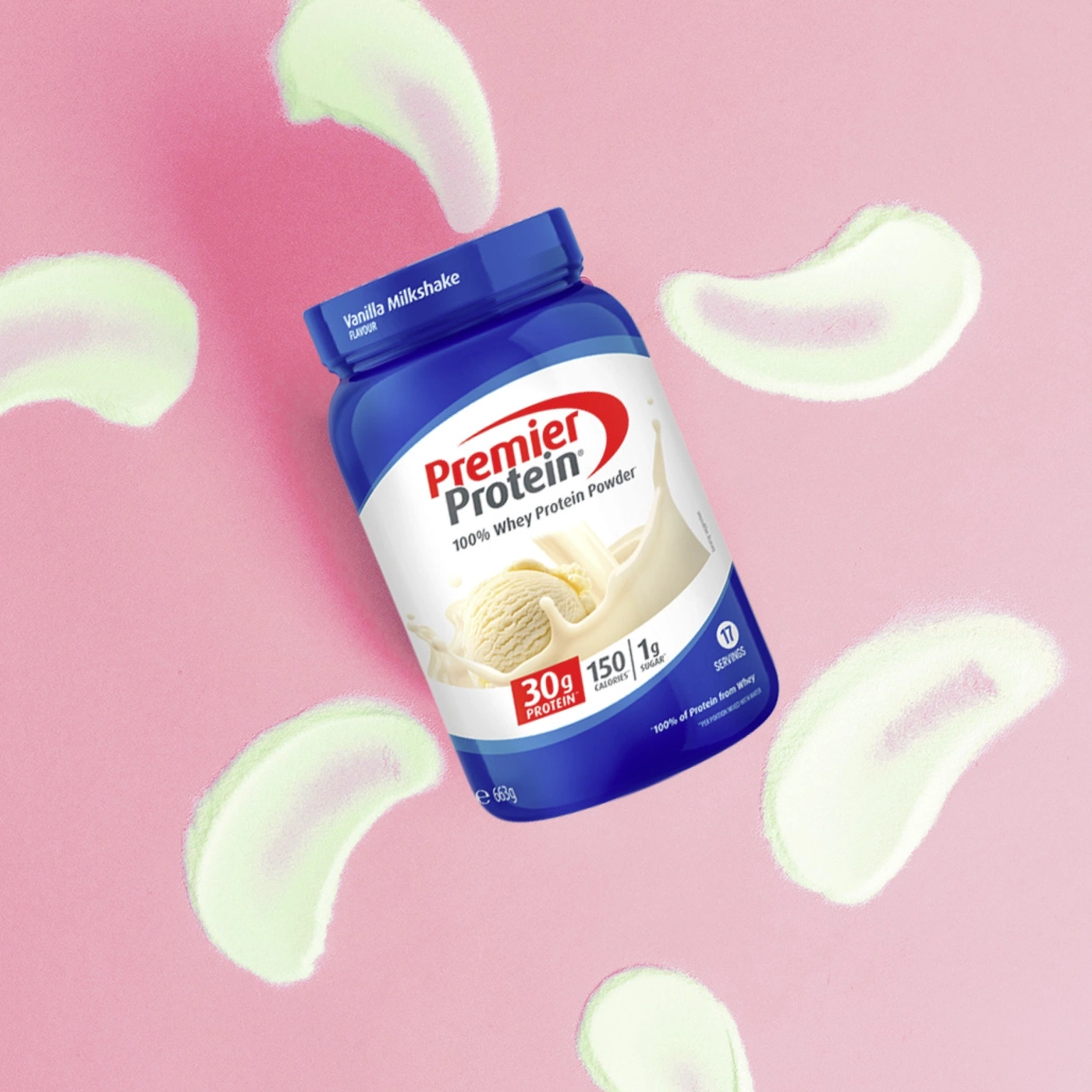 Premier Protein Vanille Milchshake Pulver auf pinkem Hintergrund