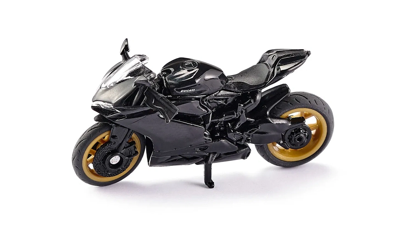 Schwarzes Motorrad mit goldenen Felgen, Ducati-Logo, auf weißem Hintergrund, Spielzeug.