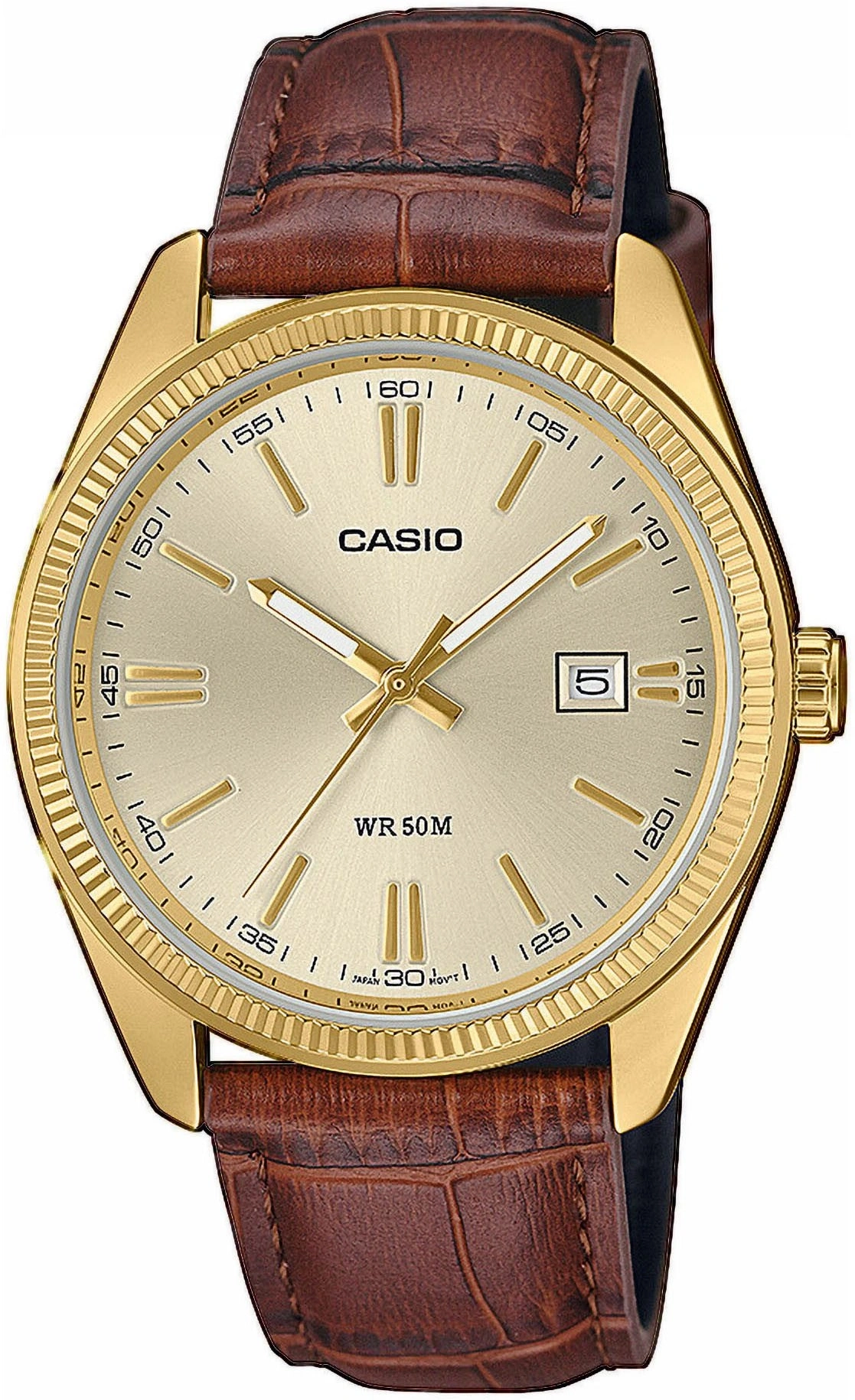 Goldene Casio-Armbanduhr mit braunem Lederarmband, Datum und Wasserdichtigkeit bis 50 Meter.