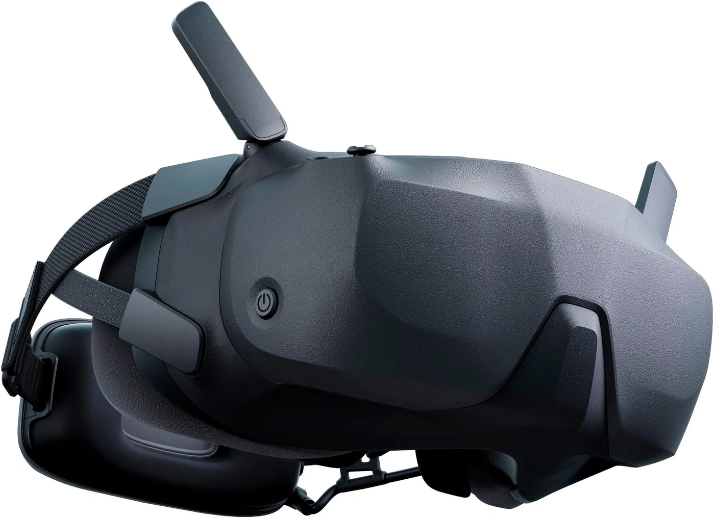 Schwarze VR-Brille mit schwarzem Band und Power-Knopf