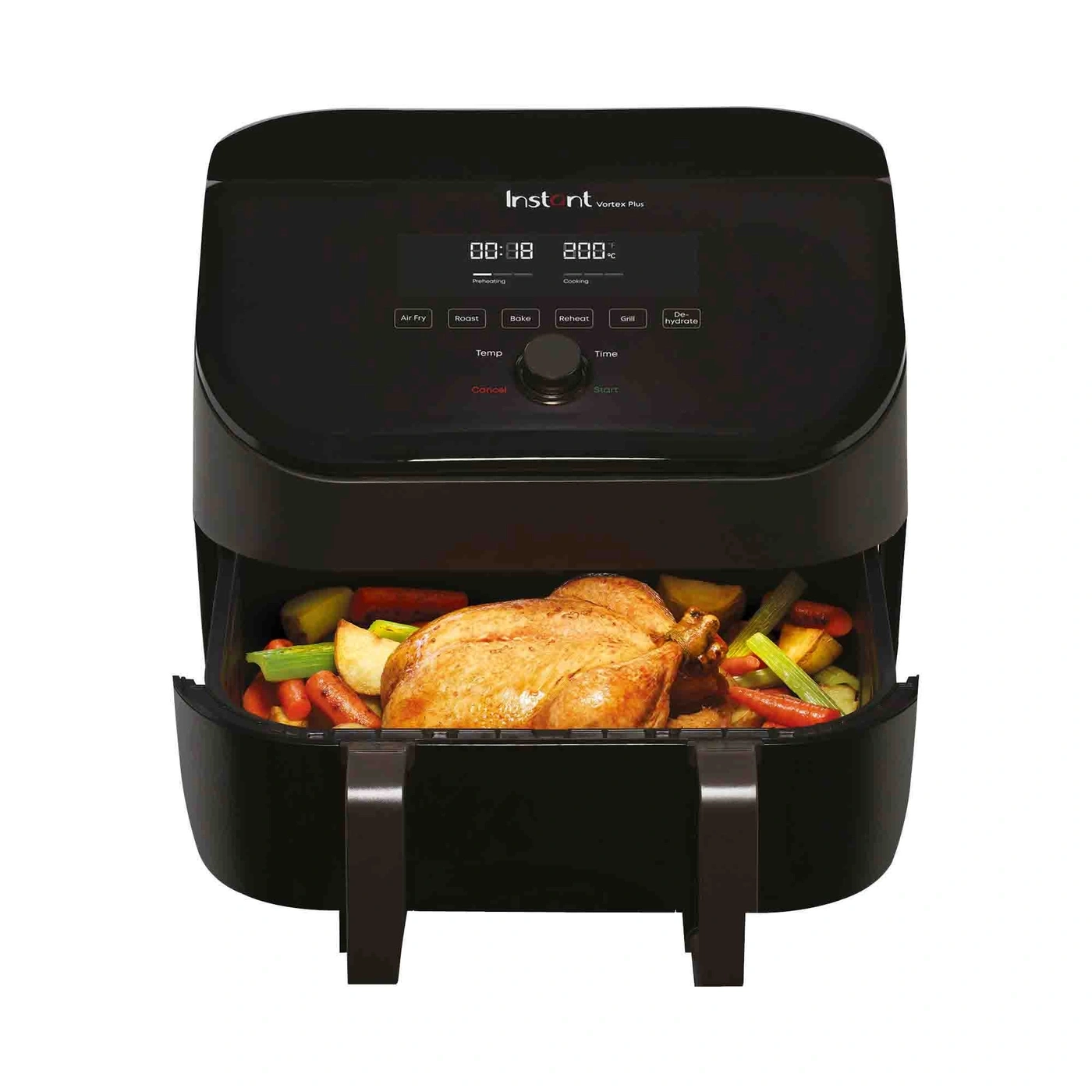 Instant Vortex Plus Airfryer mit Hähnchen und Gemüse, bereit zum Kochen.