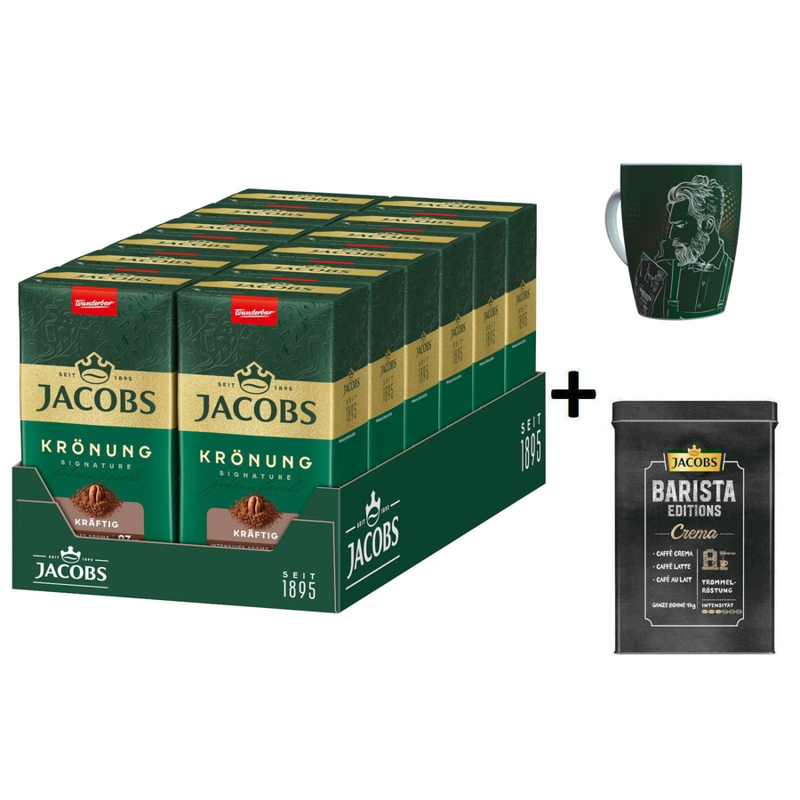 JACOBS Filterkaffee Krönung Kräftig Röstkaffee 12 x 500 g + 1 Becher + 1 Dose