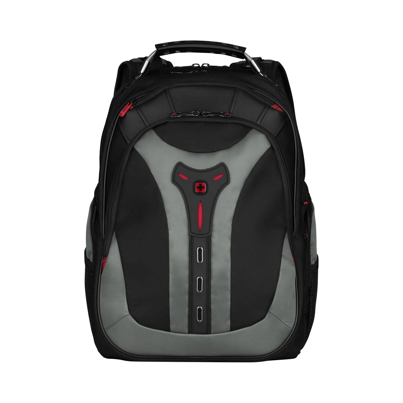 Schwarzer Rucksack mit grauen Akzenten und rotem Logo, ideal für den Alltag.