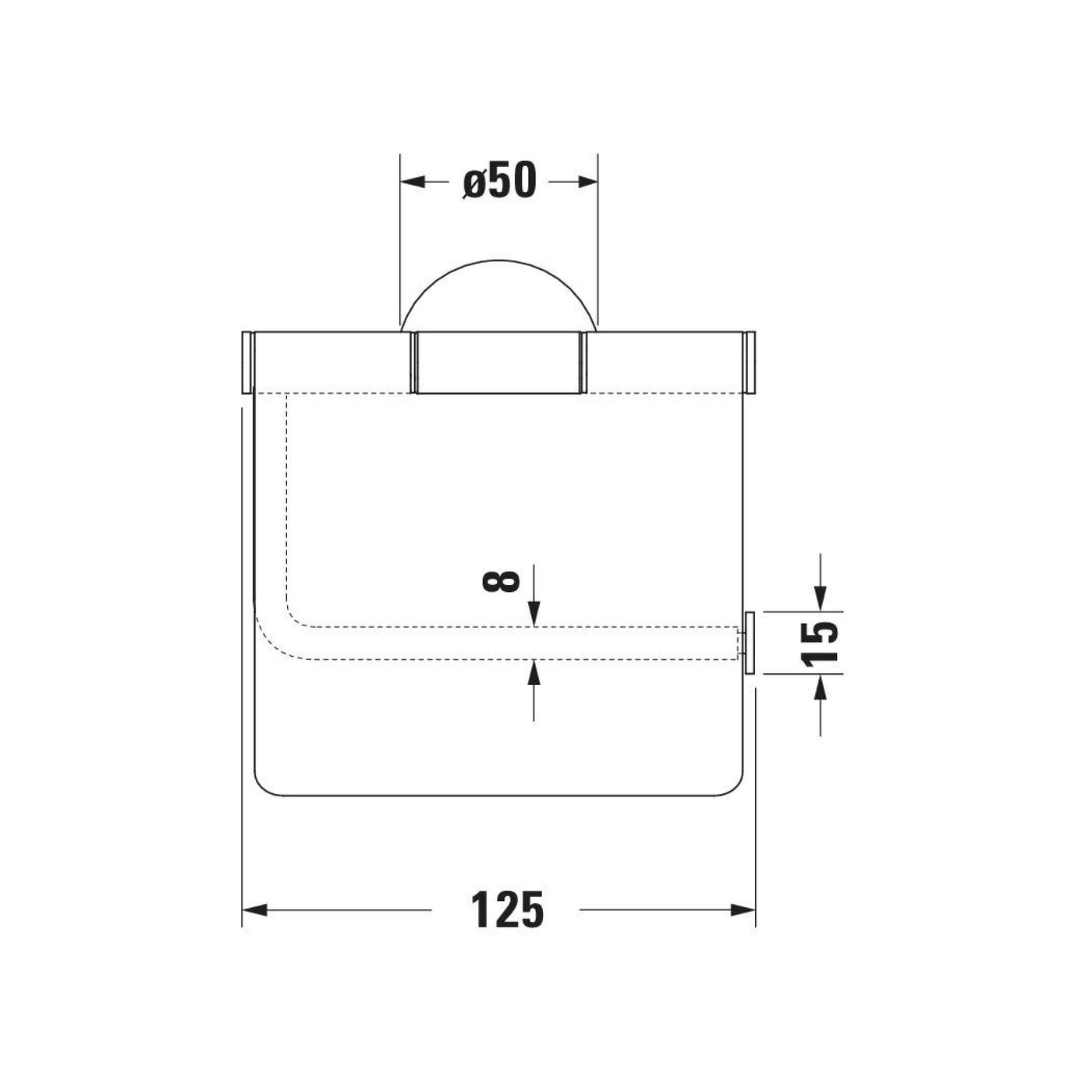 Technische Zeichnung eines Bauteils mit den Maßen 125x50x15 mm und einer Bohrung von 8 mm.