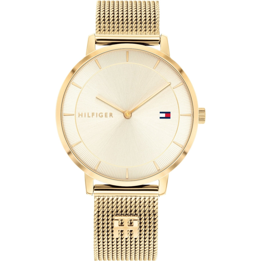 Goldene Tommy Hilfiger Uhr mit goldenem Armband, Nahaufnahme, elegant