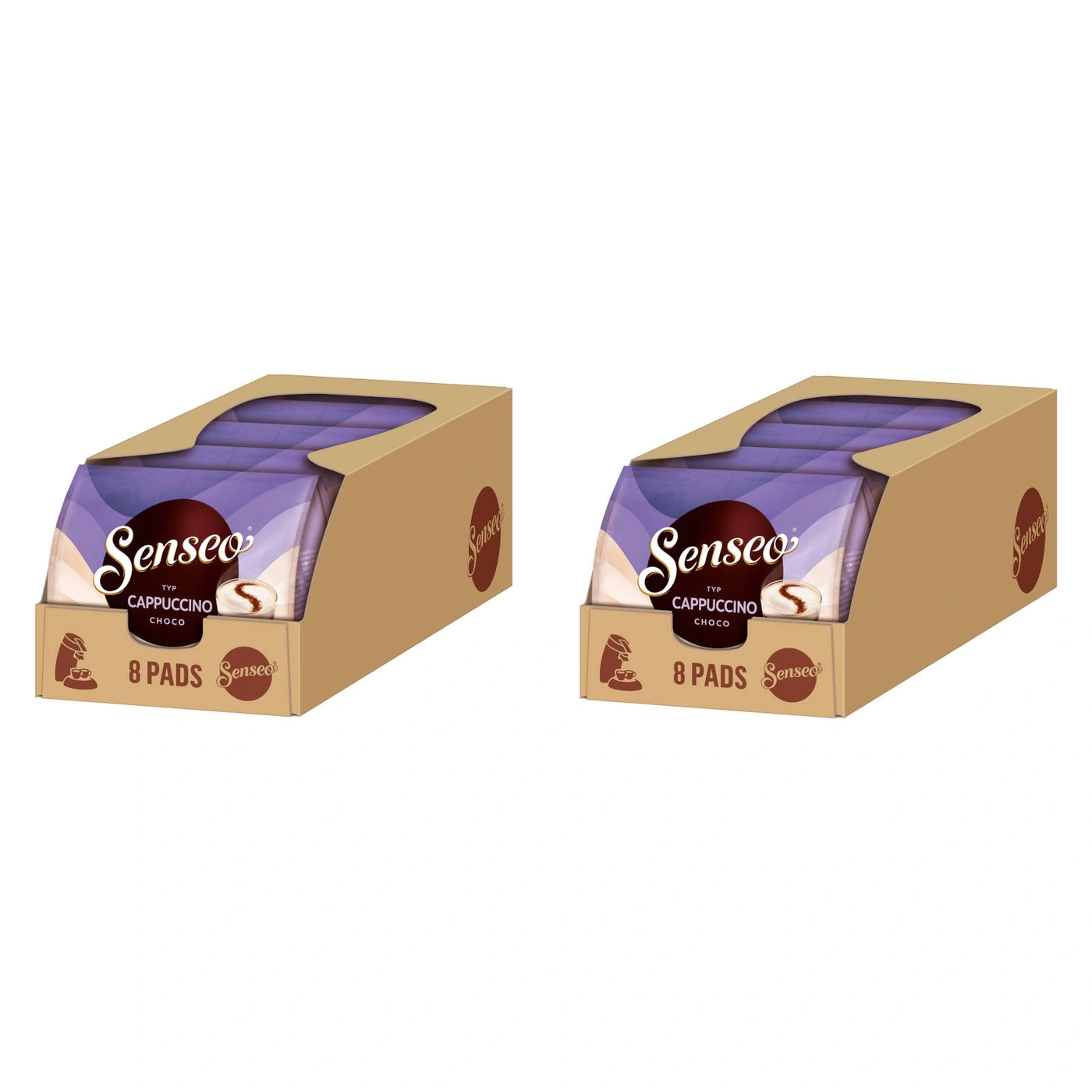 Zwei Senseo Cappuccino Choco Packungen mit 8 Pads in einer Box.