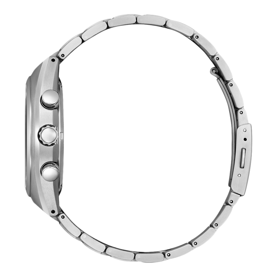 Silberne Uhr mit Metallarmband, Seitenansicht, Nahaufnahme, isoliert auf Weiß