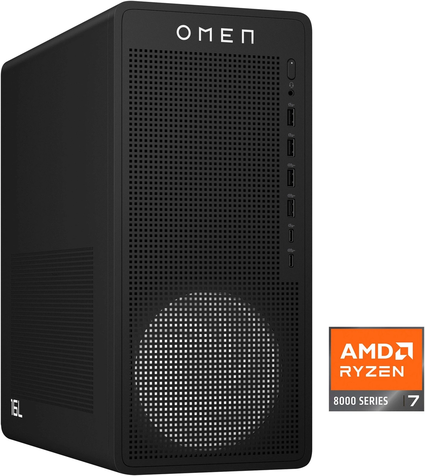 Ein schwarzer Gaming-PC mit AMD Ryzen 7 Prozessor, "OMEN" Logo und vielen Anschlüssen.