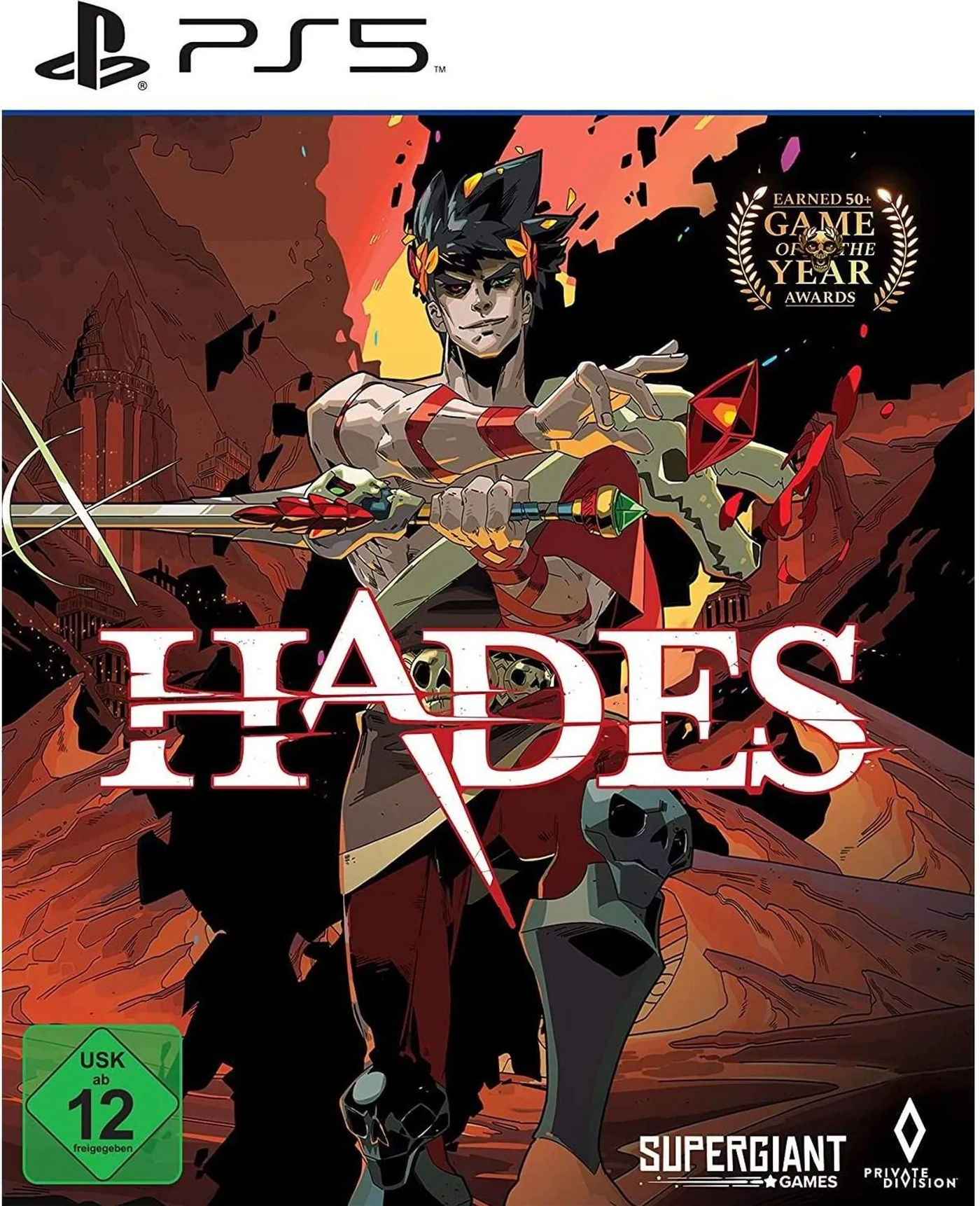 Hades PS5 Videospiel Cover mit Hauptcharakter und "Game of the Year" Auszeichnung.