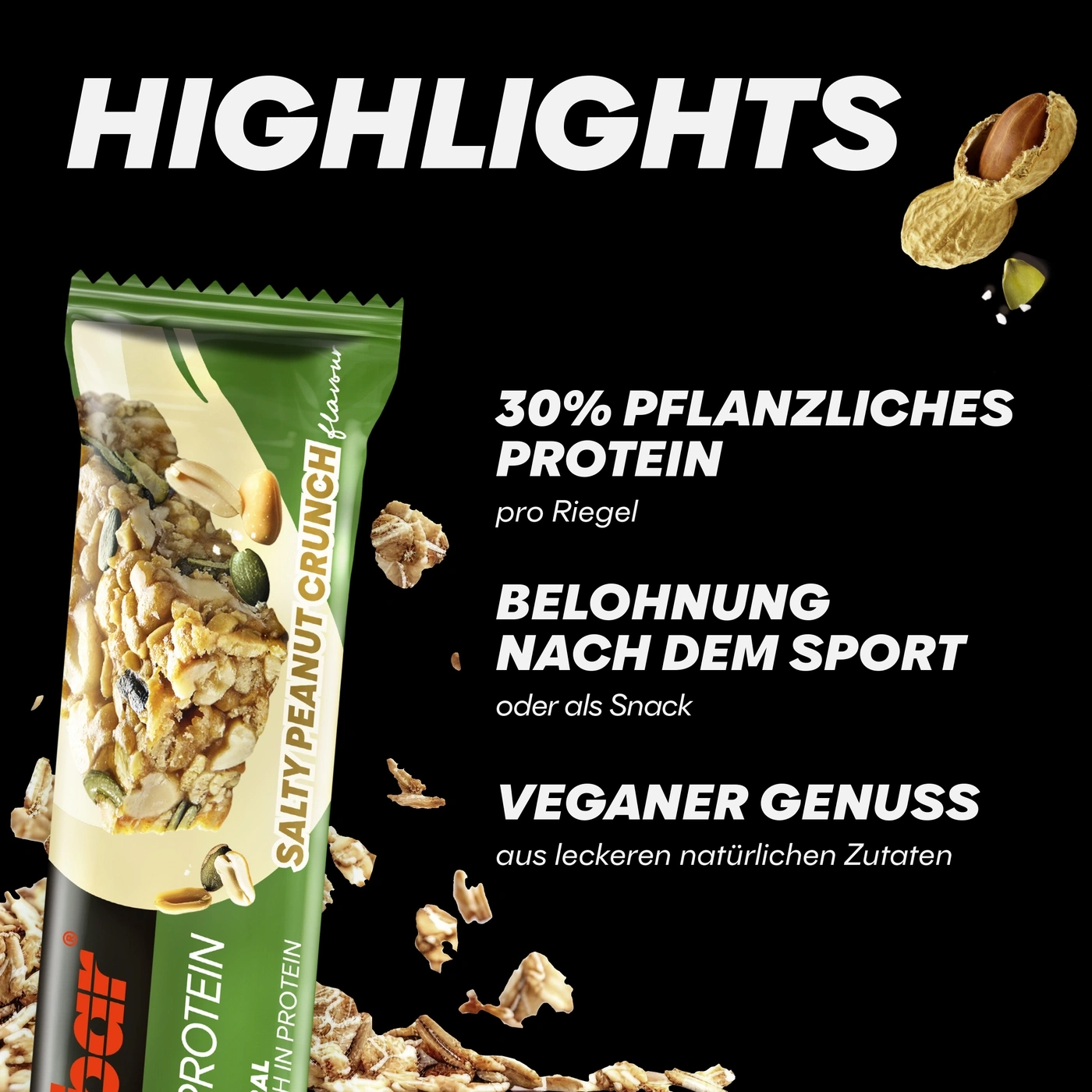 Proteinriegel mit Erdnussgeschmack, 30% pflanzliches Protein, veganer Genuss, nach dem Sport.