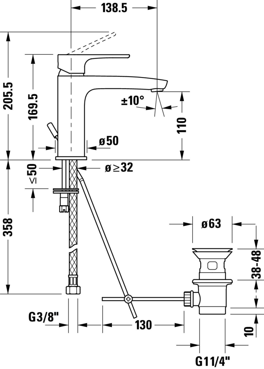 Armatur mit Maßen: 205.5mm, 169.5mm, 358mm, 138.5mm, 110mm, Ø50, Ø≥32, G3/8", G11/4", 130mm, Ø63, 38-48mm, ≤50