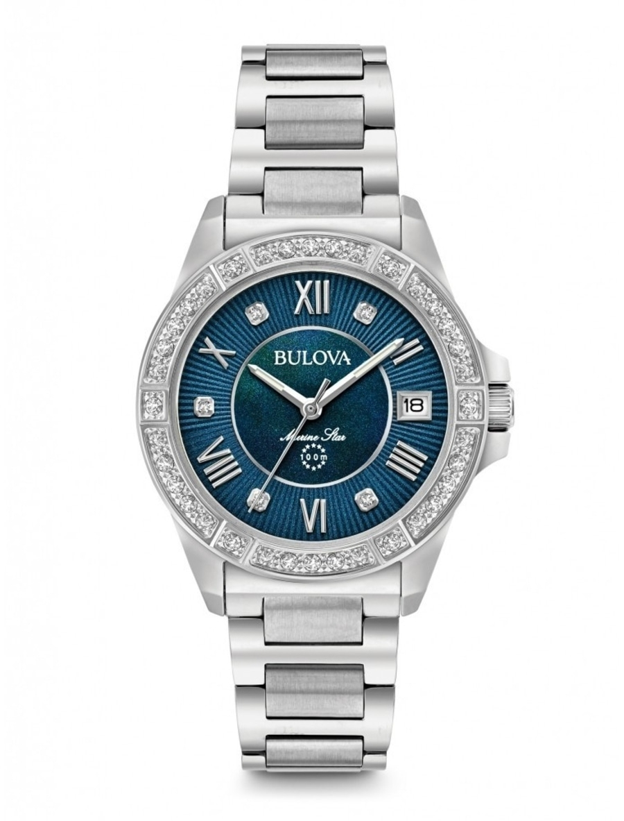 Bulova Marine Star Damenuhr, blaues Zifferblatt, Diamanten, Edelstahlarmband, elegant