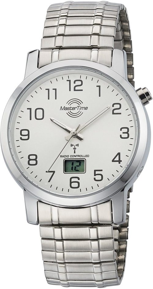 Silberne MasterTime-Uhr mit digitaler Anzeige und Armband, die Zeit anzeigend.