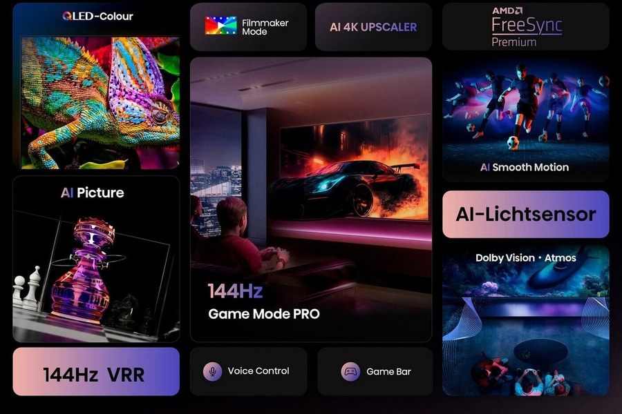 QLED-Fernseher mit AI-Funktionen, 144Hz, Game Mode PRO und Dolby Vision Atmos.