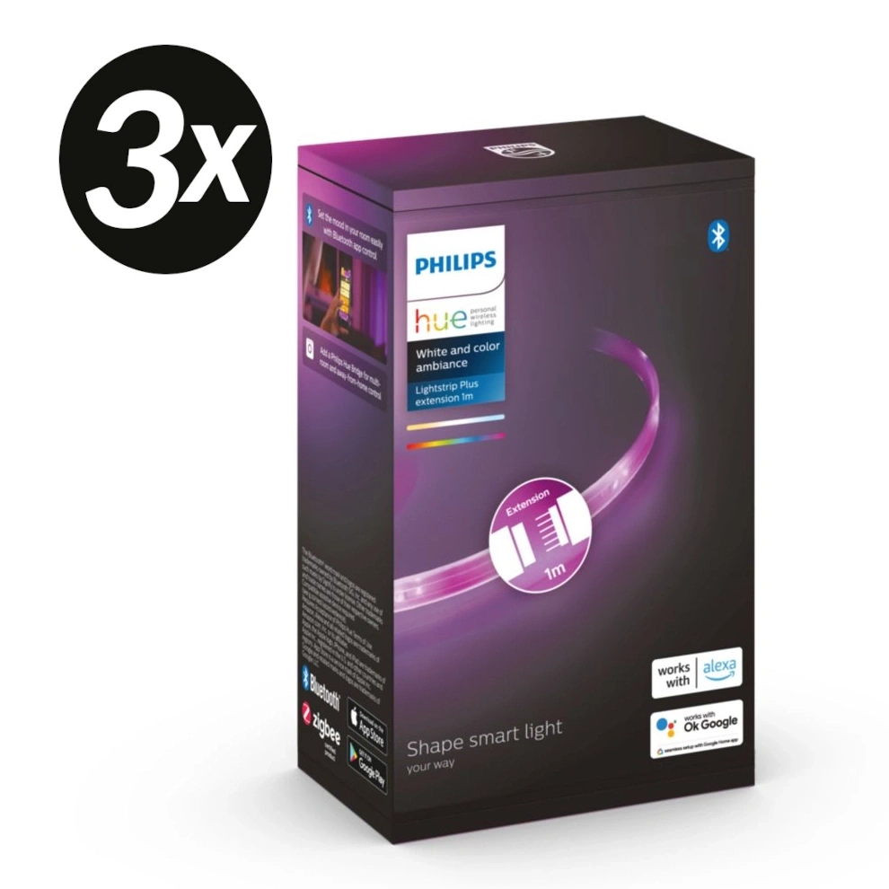 Eine weiße Philips Hue Lightstrip Plus Verlängerung im Karton mit Aufdruck 3x.