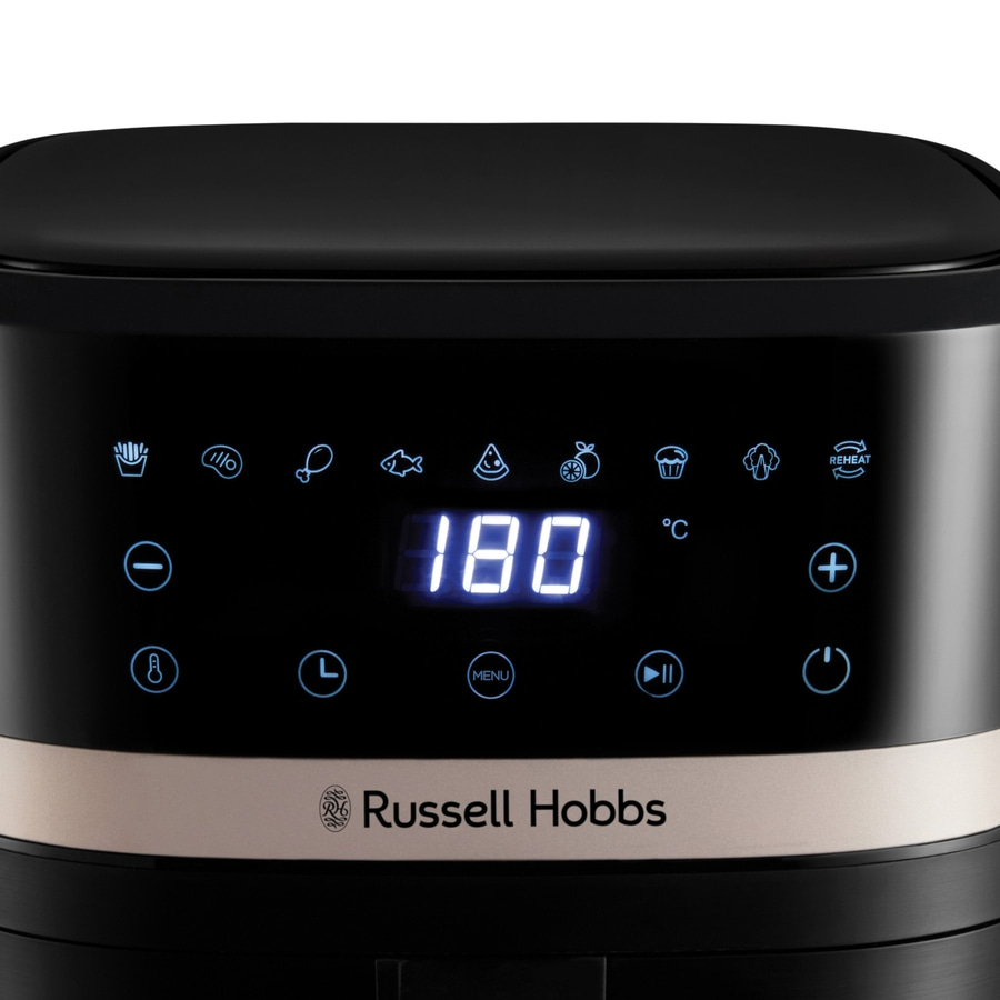 Digitalanzeige eines Airfryers mit Temperatur von 180 Grad Celsius und Russell Hobbs Logo.