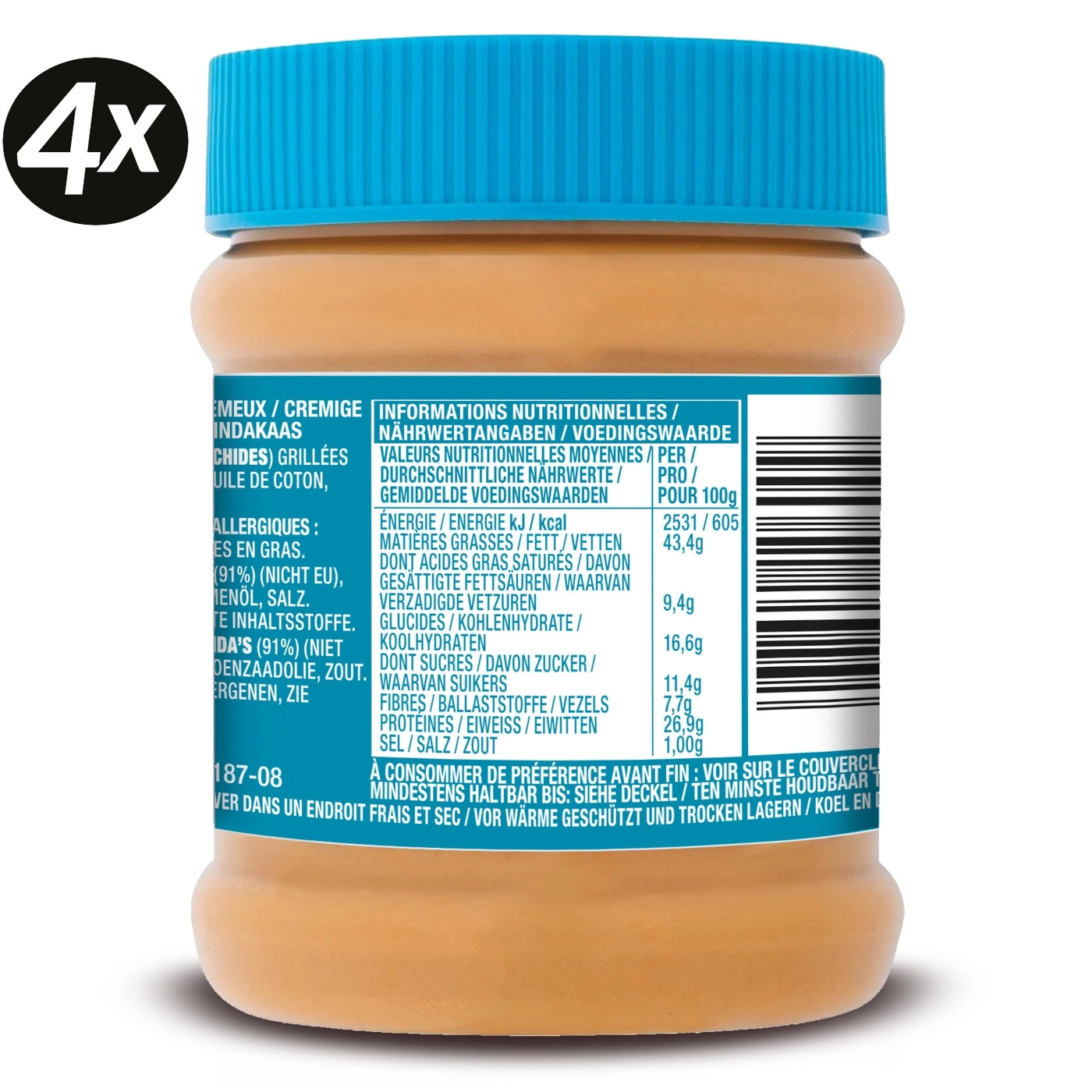 Erdnussbutter-Etikett mit Nährwertangaben und Zutatenliste, 4x-Logo