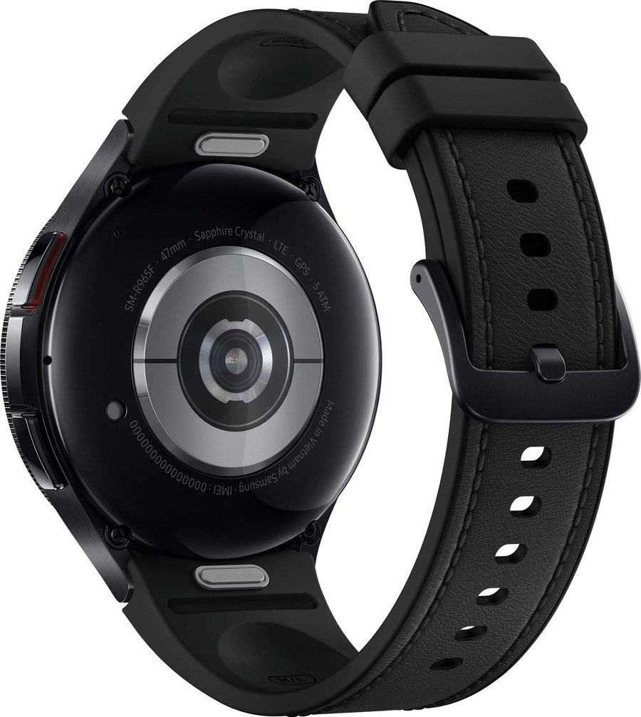 Schwarze Smartwatch mit Lederarmband, GPS, LTE, 5 ATM, 47mm, Sapphire Crystal, Made in Vietnam
