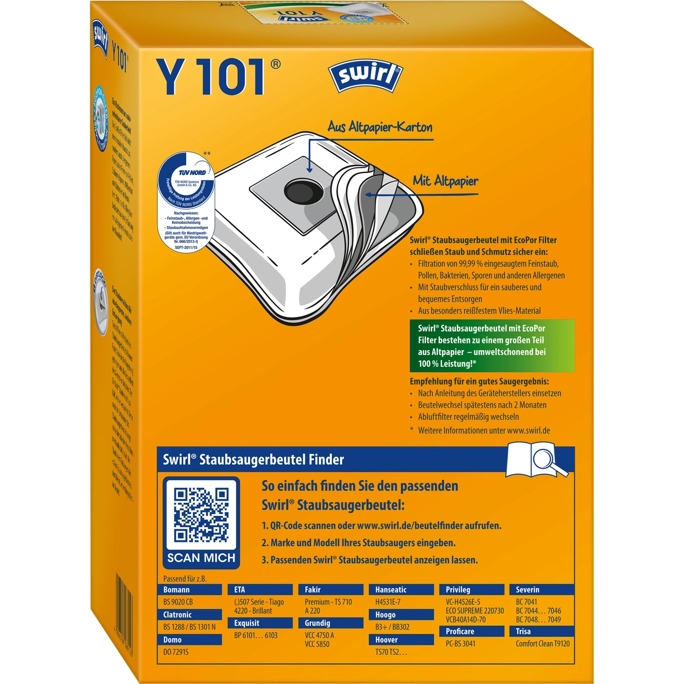 Swirl Staubsaugerbeutel Verpackung mit Informationen zu Filtern, Modellen und QR-Code.