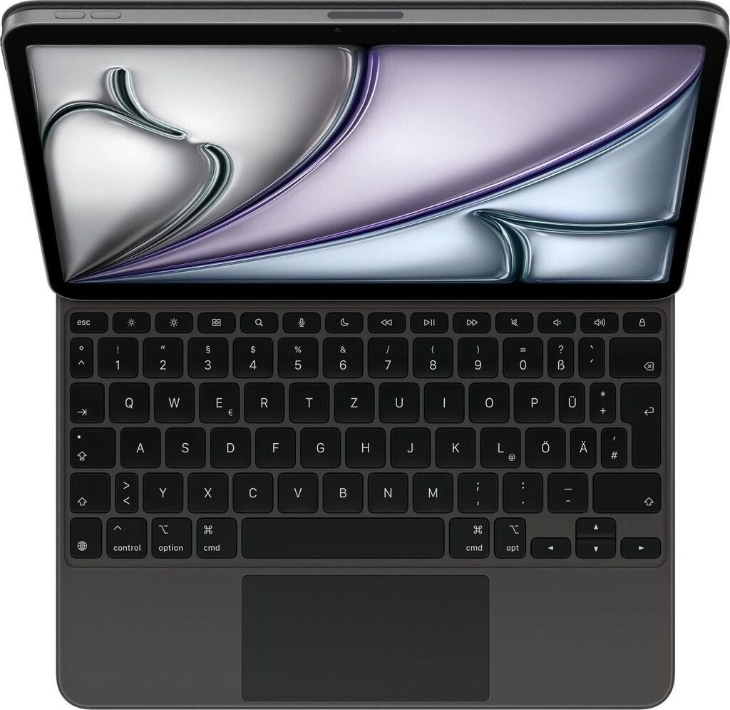 Ein Laptop mit einem aufklappbaren Bildschirm und einer Tastatur mit deutschem Layout.