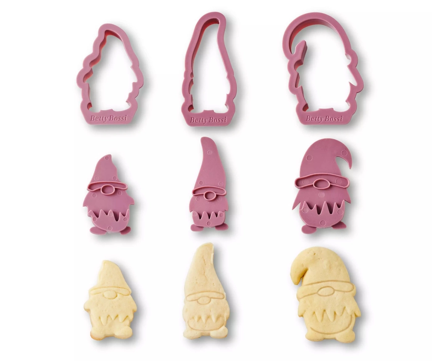 Drei rosa Ausstecher in Form von Gnomen und drei gebackene Kekse in Gnome-Form.