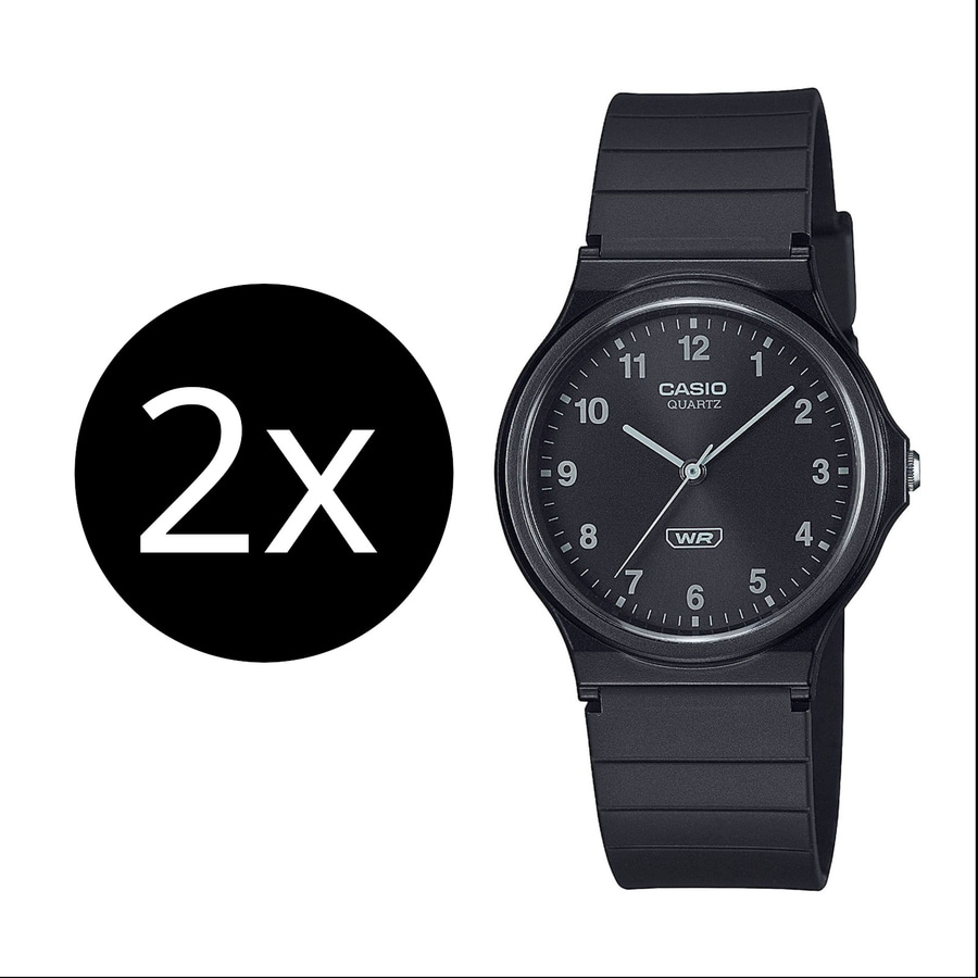 Schwarze Casio-Uhr mit Ziffernblatt und Armband, daneben ein schwarzer Kreis mit weißem 2x.