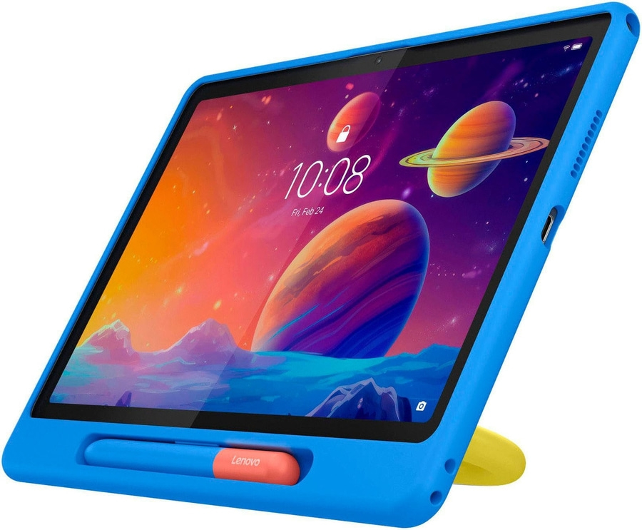 Blaues Tablet mit Stift und gelbem Ständer, zeigt Planeten und 10:08 Uhr