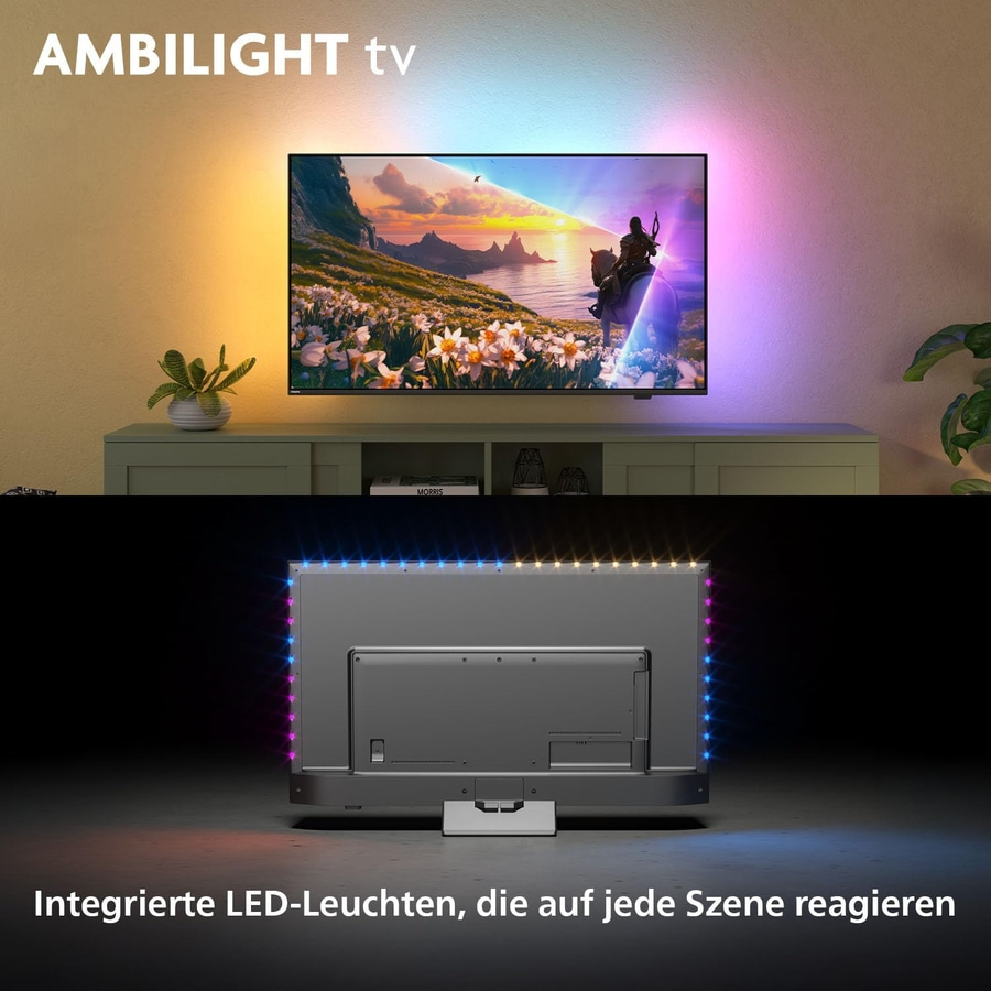 Ambilight TV mit integrierten LED-Leuchten, die auf jede Szene reagieren.
